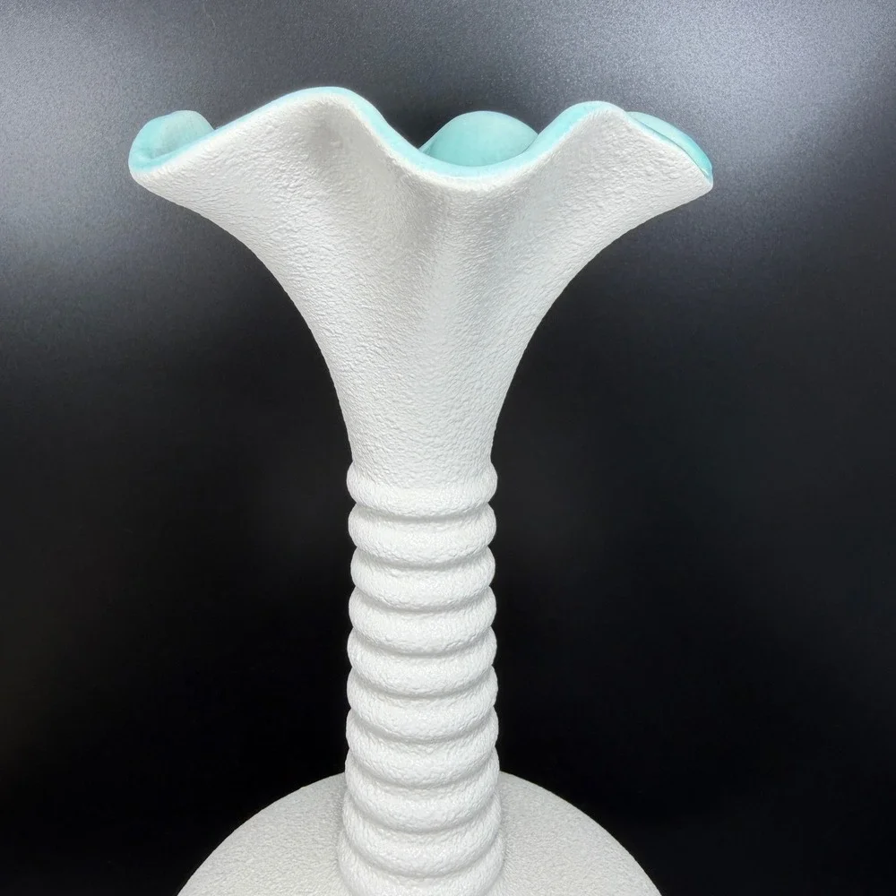 Haeger Pottery 3043 USA Vintage White Textured Turquoise Interior Ruffled Vase